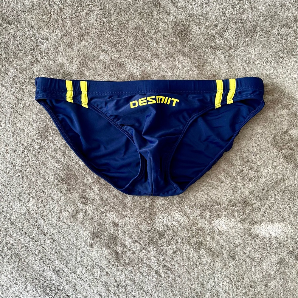 Navy Swim Trunks with Yellow Stripes, medium to small